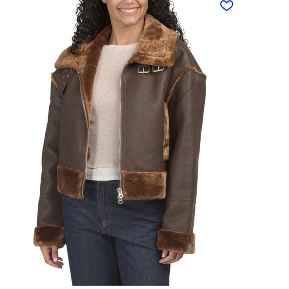 NEW HUDSON Cropped Faux Leather And Shearling Aviator Jacket in brown 1025 4m2 - Picture 1 of 6